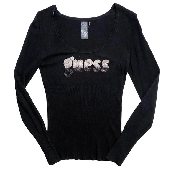 Clingy Scoop Neck Ribbed Sweater with Guess Logo Embroidered in Sequins on Chest - Picture 1 of 2